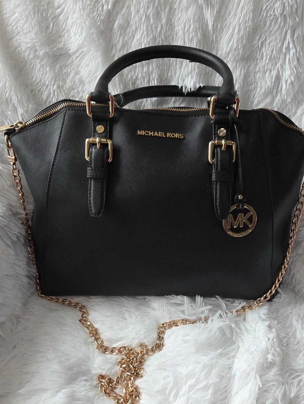 Michael Kors Black Leather Satchel with Gold Chain & Charm